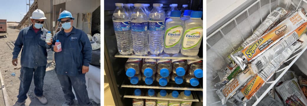 Left to Right: NWP team members in SLRC, Mexico, staying hydrated with sports drinks; cold water and sports drink refrigerator at the SLRC plant; a freezer stocked with electrolyte ice-pops in Parkersburg, WV.